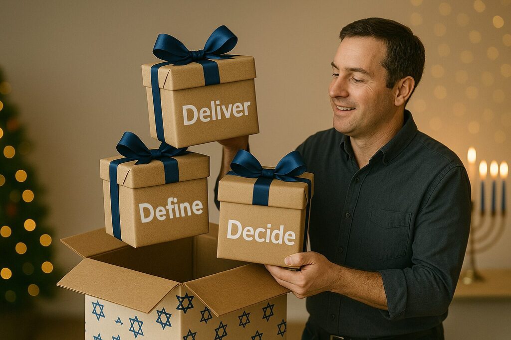 holiday brand, man opening gifts saying "deliver, decide, define"